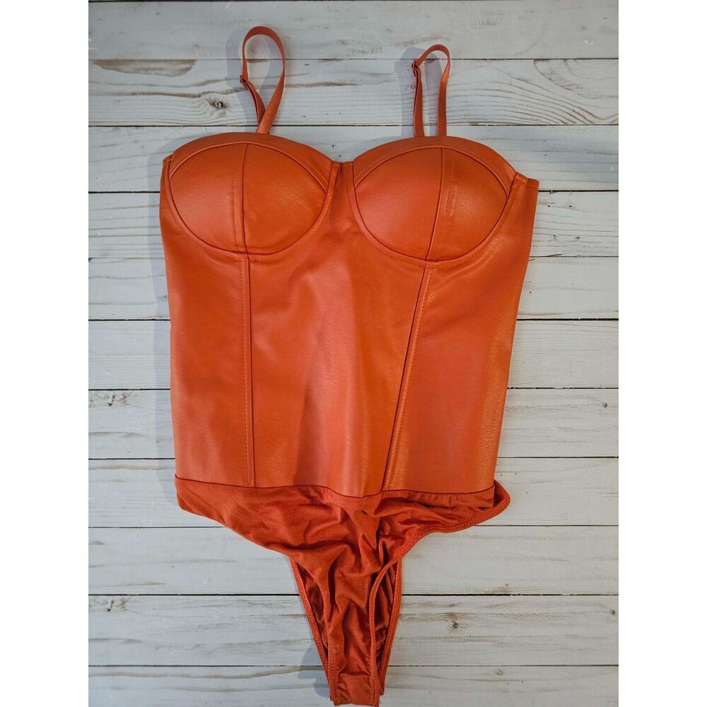 Say What Women’s M Orange Faux Leather Corset Bodysuit Spaghetti Strap